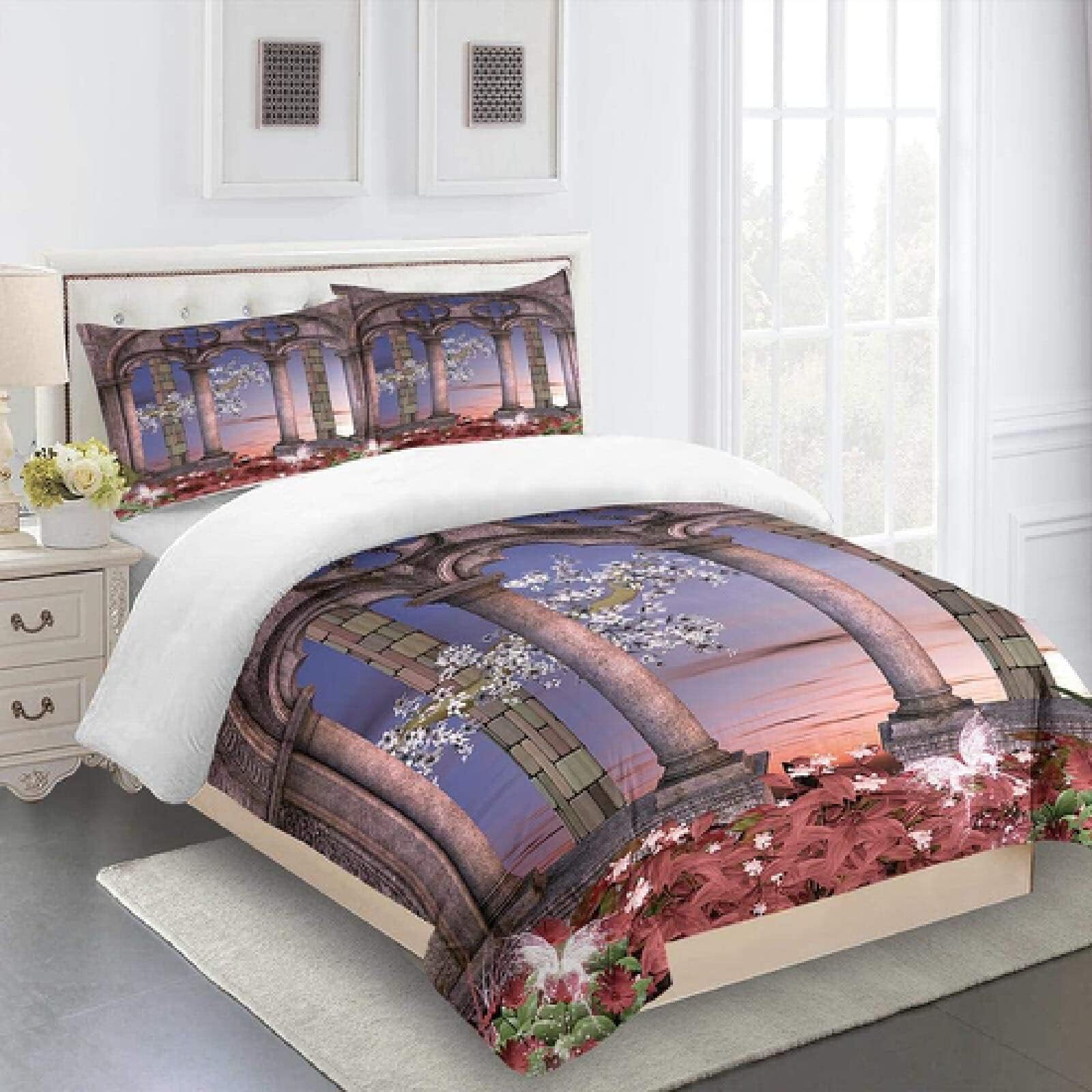 Duvet Cover Set Single Size 53x79 inch for Girls Boys Kids, 3D Garden Roman Column Bedding Duvet Cover Set with Zipper Closure for Teens Soft Microfiber, Duvet Quilt Cover with 2 Pillowcase