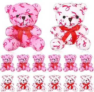 12 Pcs Pink Breast Cancer Stuffed Bear 4 Inch Mini Plush Breast Cancer Awareness Bear with Pink Ribbon for Breast Cancer Themed Events Soft Cancer Survivor Pink Party Decor Fundraiser Attendees