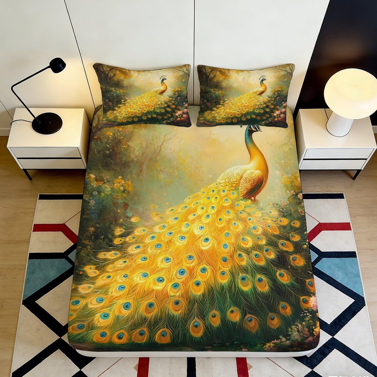 Pnayamiorkfel Style-1 3D Printed Golden Peacock Fitted Sheet Microfiber Anti-Slip Mattress Cover Artistic Yellow Feathers Bedroom Home Decor 90X200x25cm