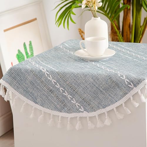 Miniatura 2 de Mantel redondo pequeño de lino rústico bordado a rayas, lavable, color azul, mantel de mesa con borlas para mesita de noche, soporte de plantas,