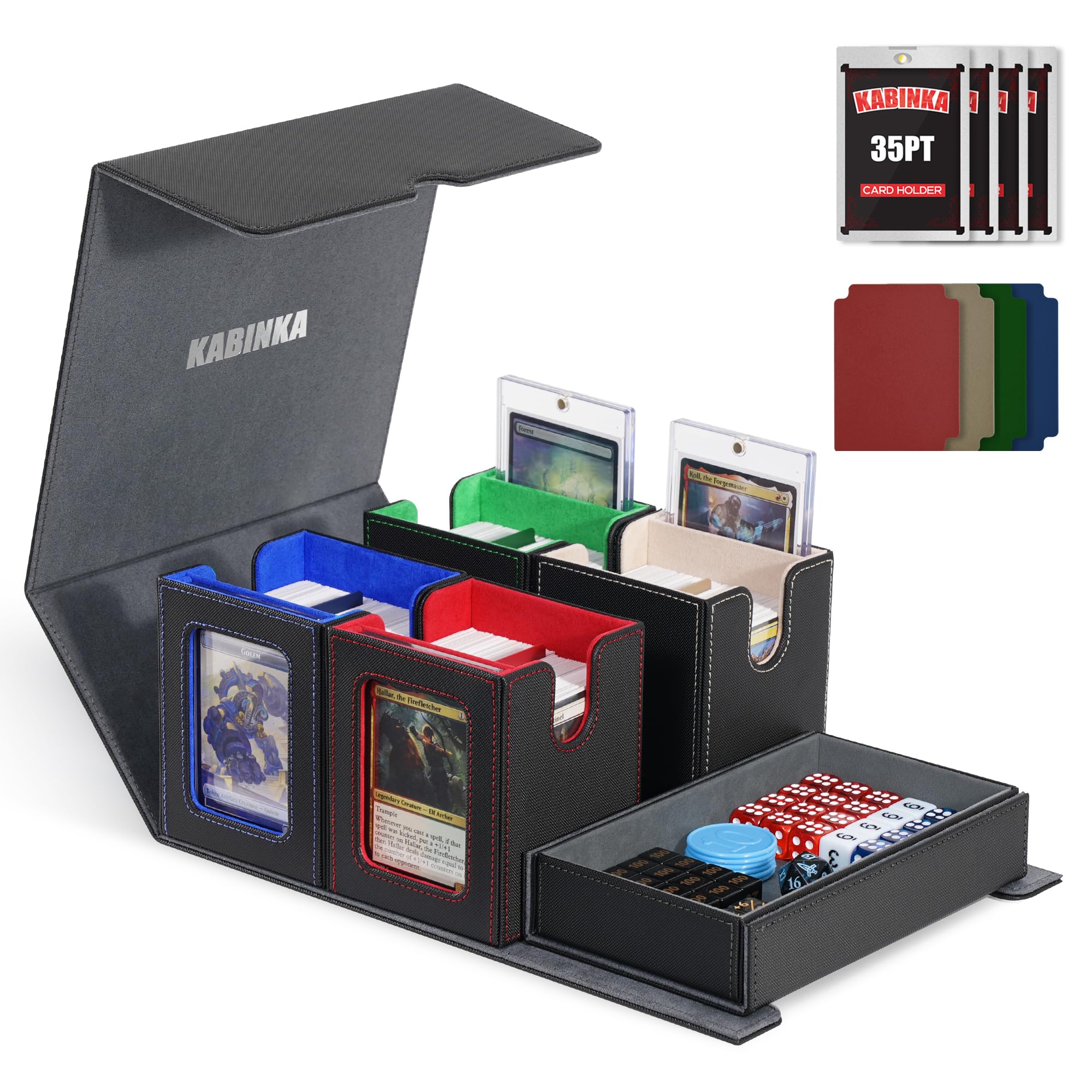 Kabinka Card Deck Box for MTG Commander, Holds 400+ Double-Sleeved Cards, 5 IN 1 Detachable Card Case with Dice Tray, Fits Magic/TCG Cards, 4 Magnetic