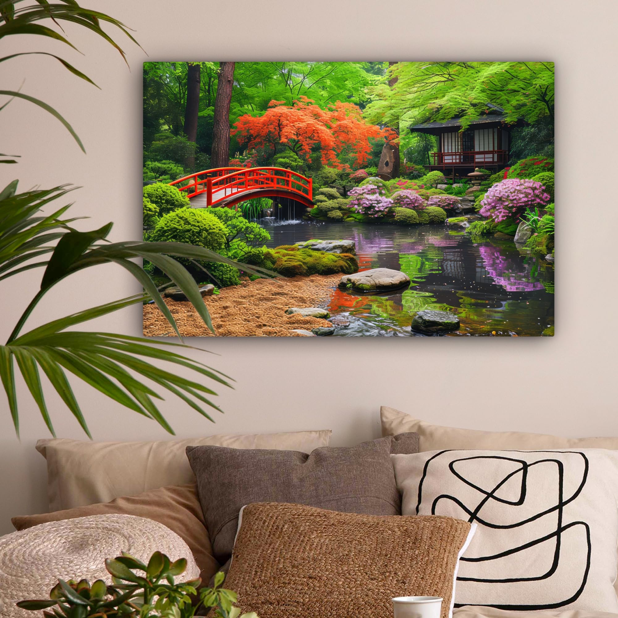 MuchoWow© Impressions sur Toile 120x80 cm Deco Tableau Murale Decoration Salon Peinture Tableaux Chambre Toiles Maison Jardin japonais - Fleurs de cerisier - Sakura - Japon