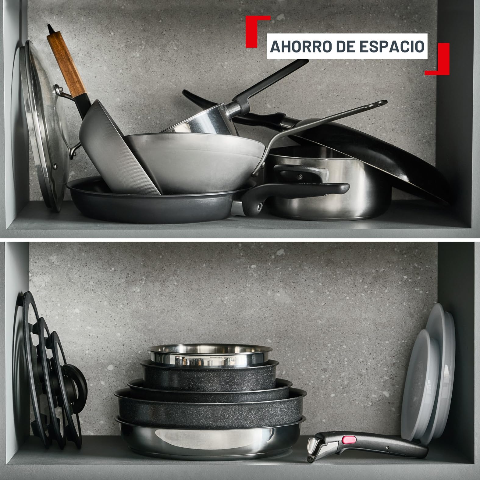 Tefal Ingenio Comfort Max - Juego de Sartenes 22/24/28 cm, Mango extraíble, Sin antiadherente, Acero inoxidable, Apilable, Inducción