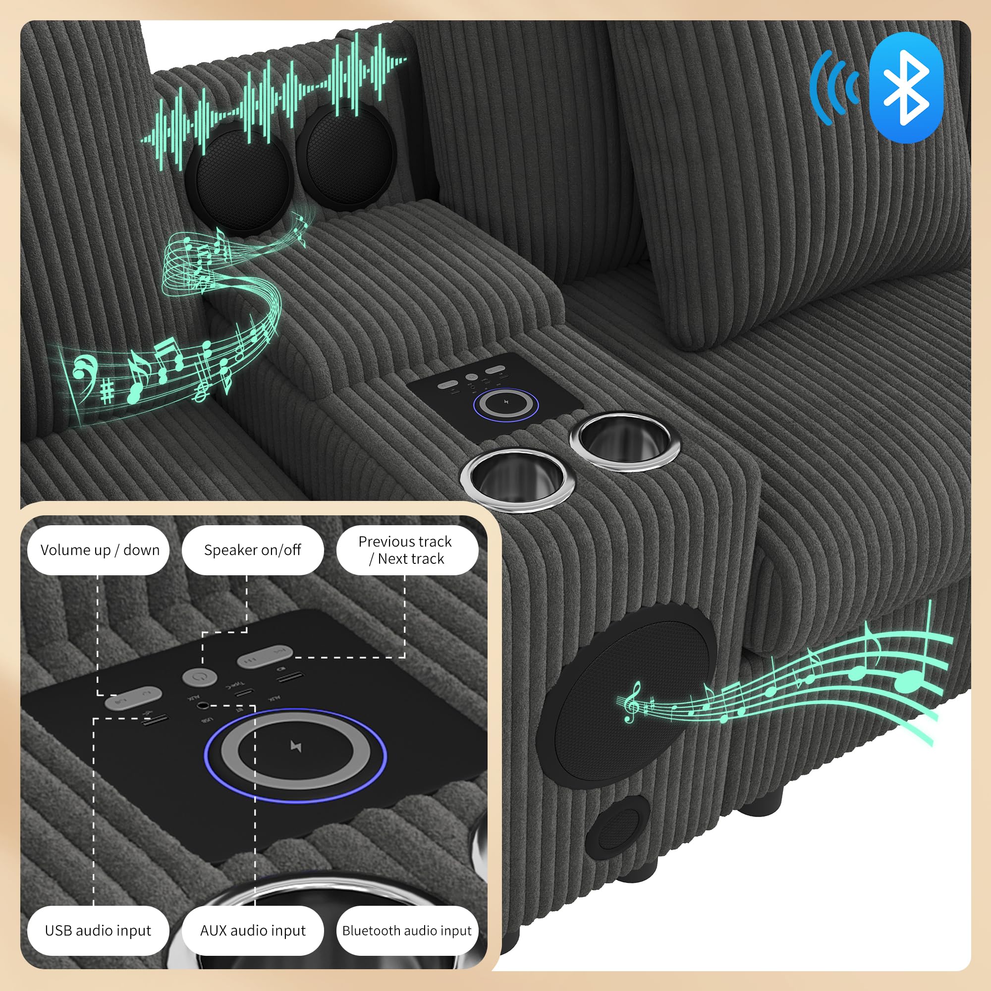 Sofá Convertible de 4 plazas en U con USB C (carga inalámbrica) y altavoz Bluetooth, sofá esquinero de pana con 2 reposapiés y 2 portavasos, sofá modular al salón Appt, gris