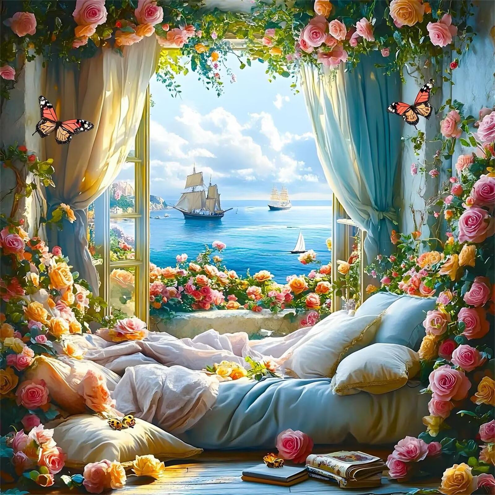 Puzzle 1000 elementów, dla dorosłych, kwiaty na parapet, żaglówka, klasyczne puzzle 65 x 65 cm, gra zręcznościowa dla całej rodziny, kolorowe układanie, dekoracja domu