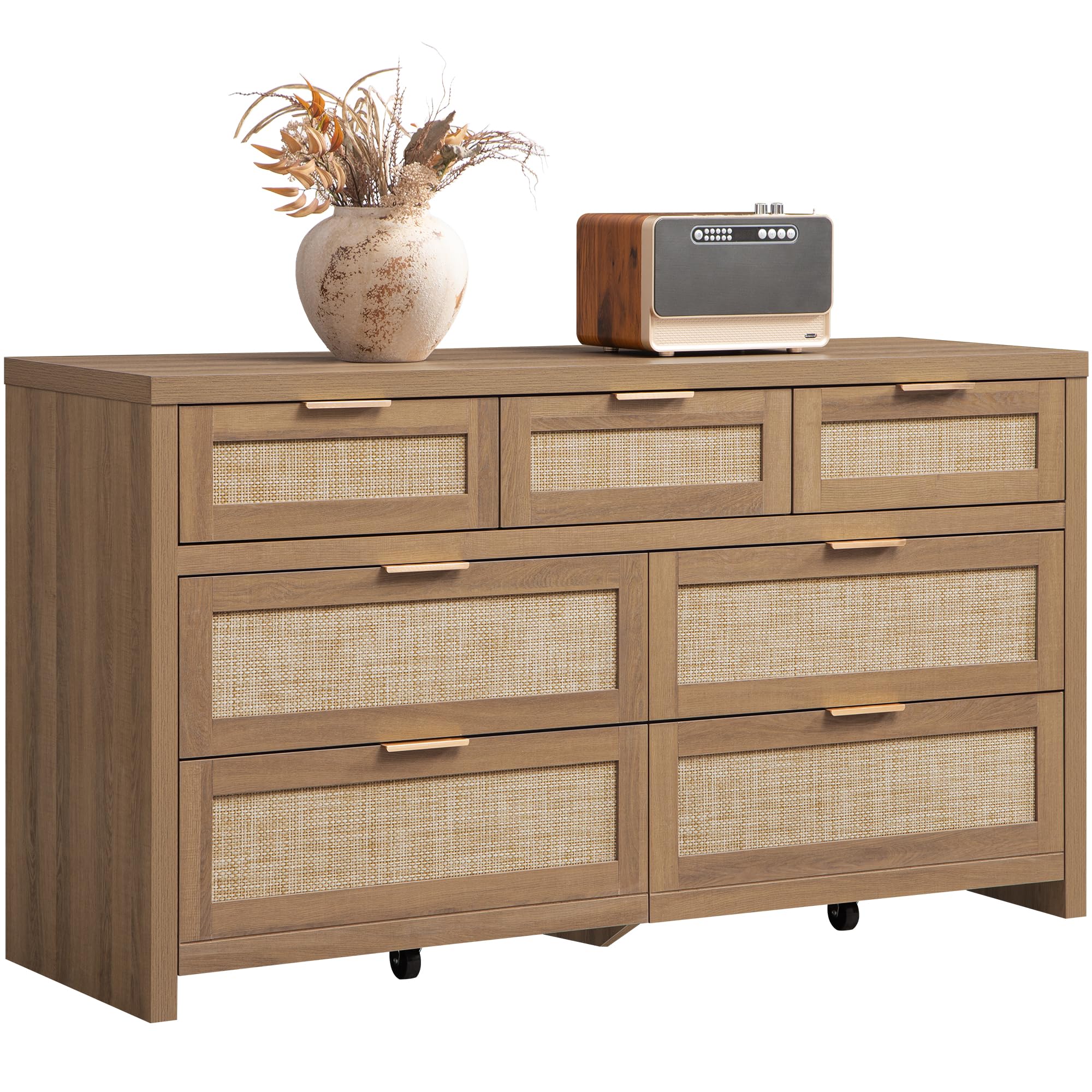SICOTAS 7 Drawer Dresser for Bedroom, 57" Wide Rattan Dressers, Large Chest of Drawers for Bedroom, Dresser TV Stand, Boho Closet Organizer (Reclaimed Caramel Oak, 7 Drawers (1 pc)) Reclaimed Caramel Oak(7 Drawers) 1 Piece