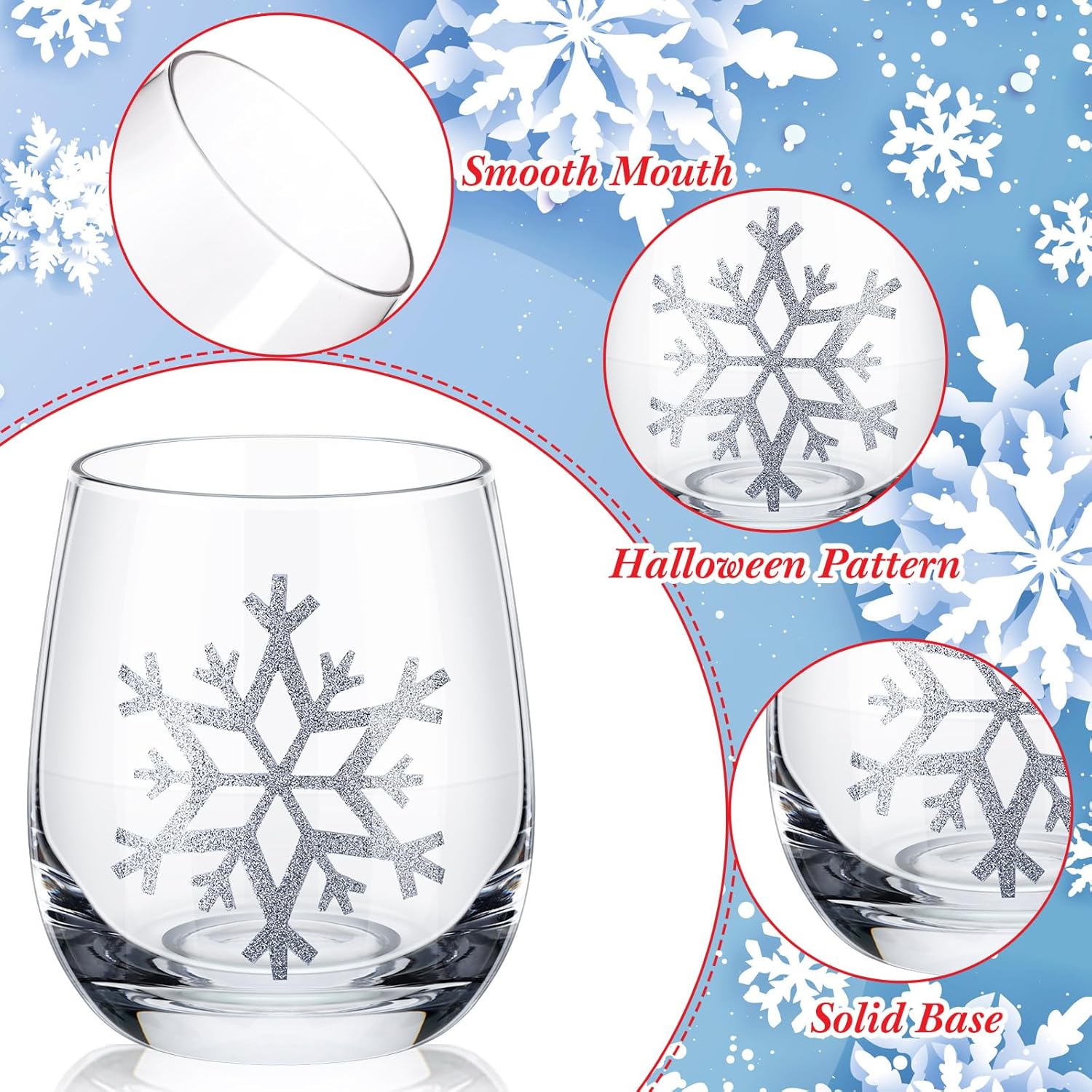 Zhehao 12 Pcs Winter Wine Glass 12oz Snowflake Stemless Wine Glass Cups, Holiday Themed Drinking Glasses, Winter Party Gift for Celebration - Image 6