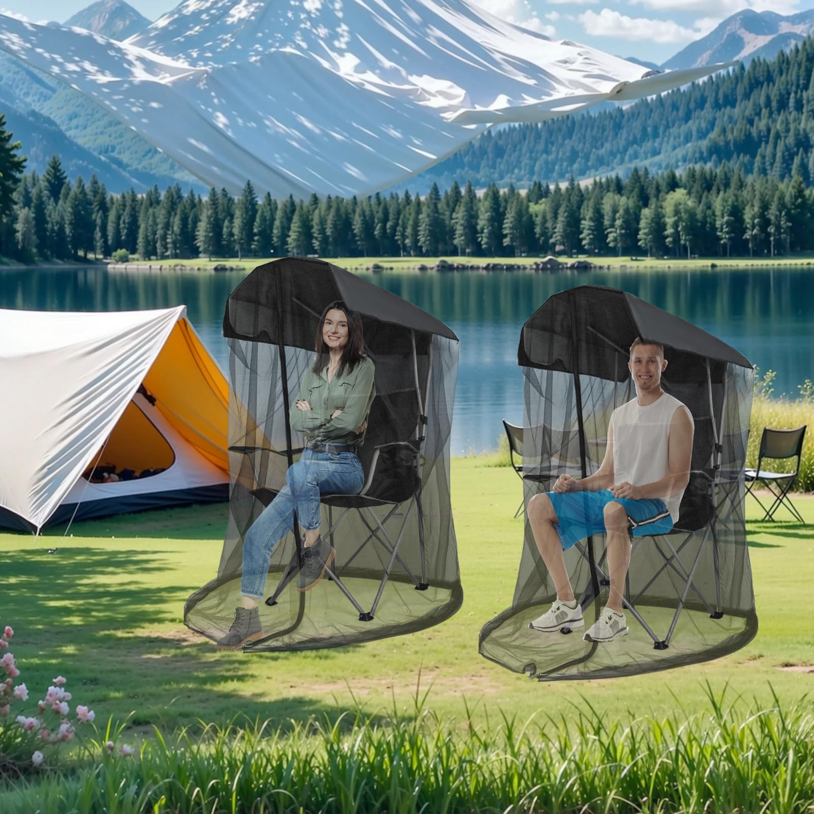Cubierta de mosquitera de 63 pulgadas de alto para silla de toldo, barrera de insectos, tienda de campaña de malla para mosquitos, silla negra, mosquitera con apertura de cremallera, techo impermeable 6