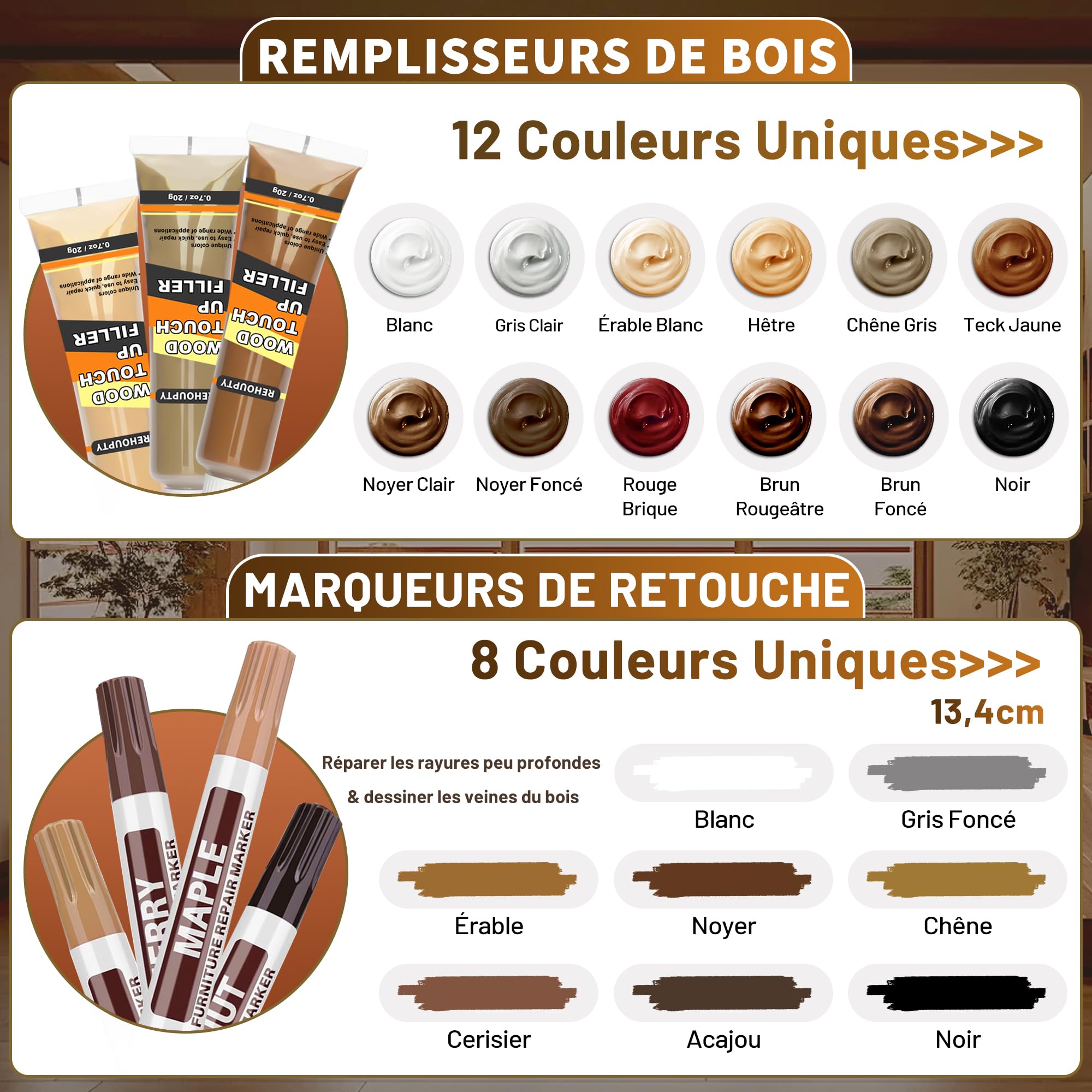 Kit Réparation Parquet Stratifié, Le Kit de Réparation de Meubles en Bois de Grande Capacité Comprend du Mastic Bois et de la Cire d'Abeille, 12 Couleurs Pâte à Bois, 8 Couleurs Feutre Retouche Bois
