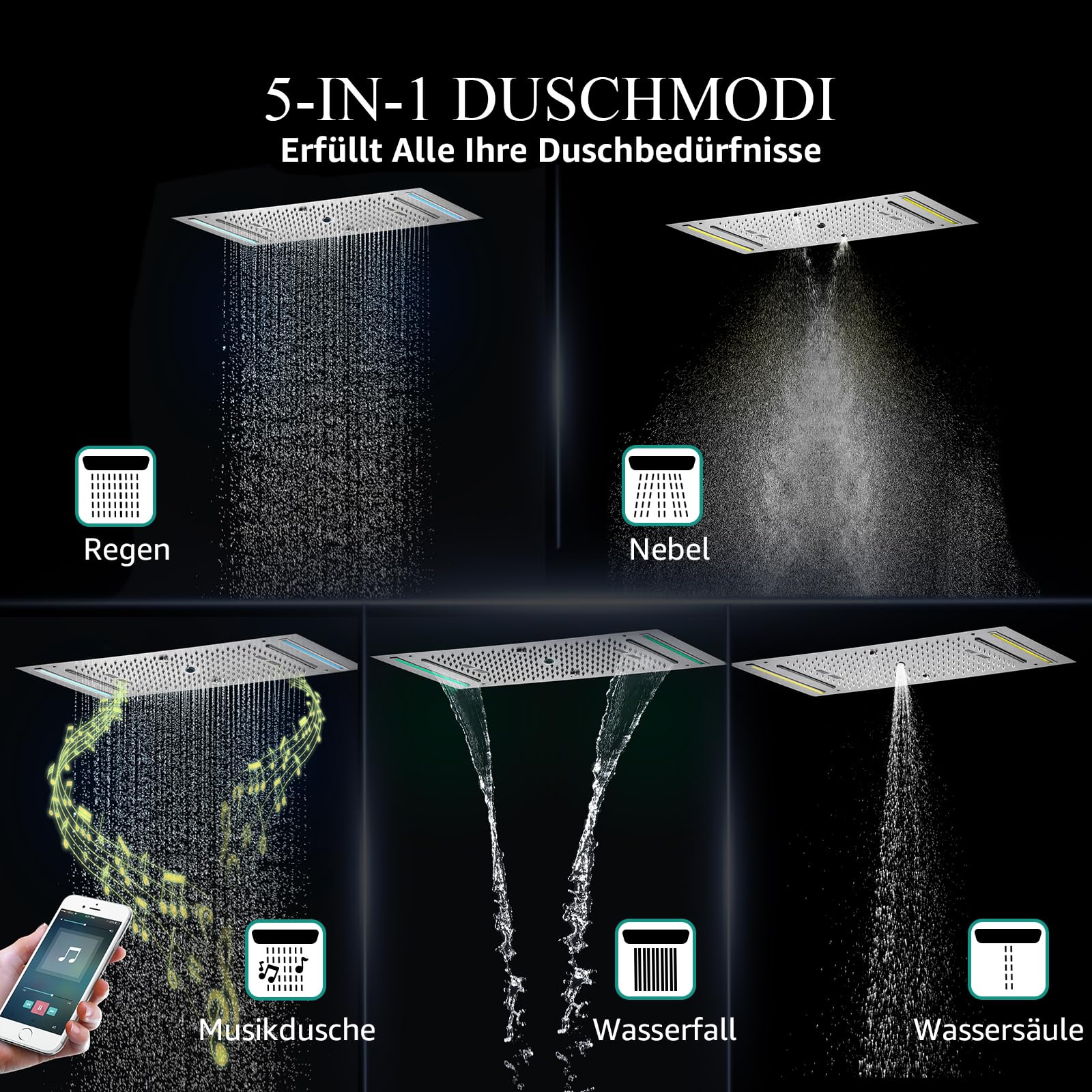 Musik Duschgarnitur mit Regendusche ohne Armatur Duschsystem Mit Thermostat 64 Farben LED Duschgarnitur aus Messing, 638x338mm 5 Modi Duschkopf und Handbrause (Chrom)
