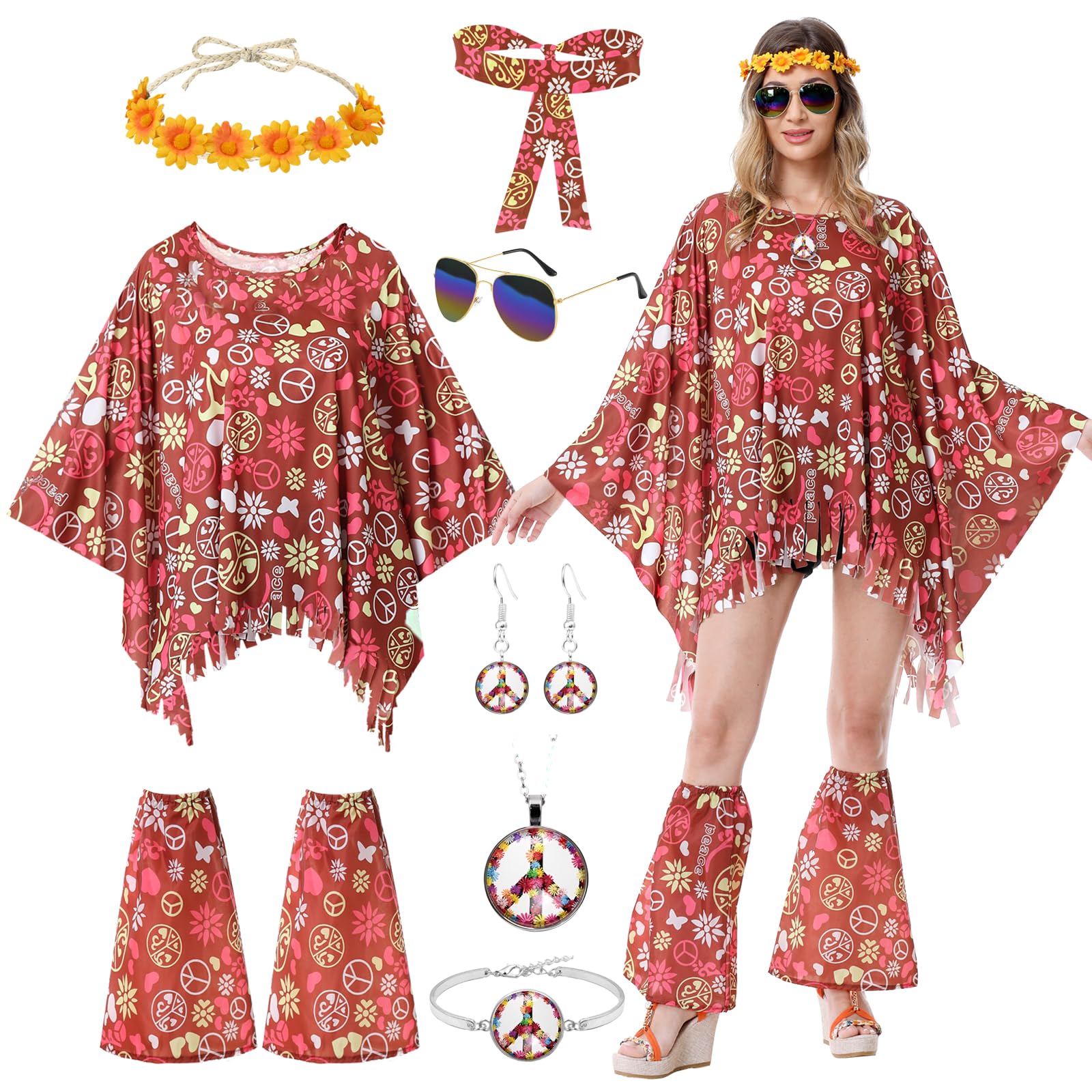 Disfraz Hippie Mujer, 8 Piezas Disfraz Años 70 Mujer, Ropa Hippie Señoras Set con Diadema, Paz Collar, Orrings y Gafas Sol, Poncho Hippy para Carnaval, Discoteca, Fiesta, Cosplay, Party