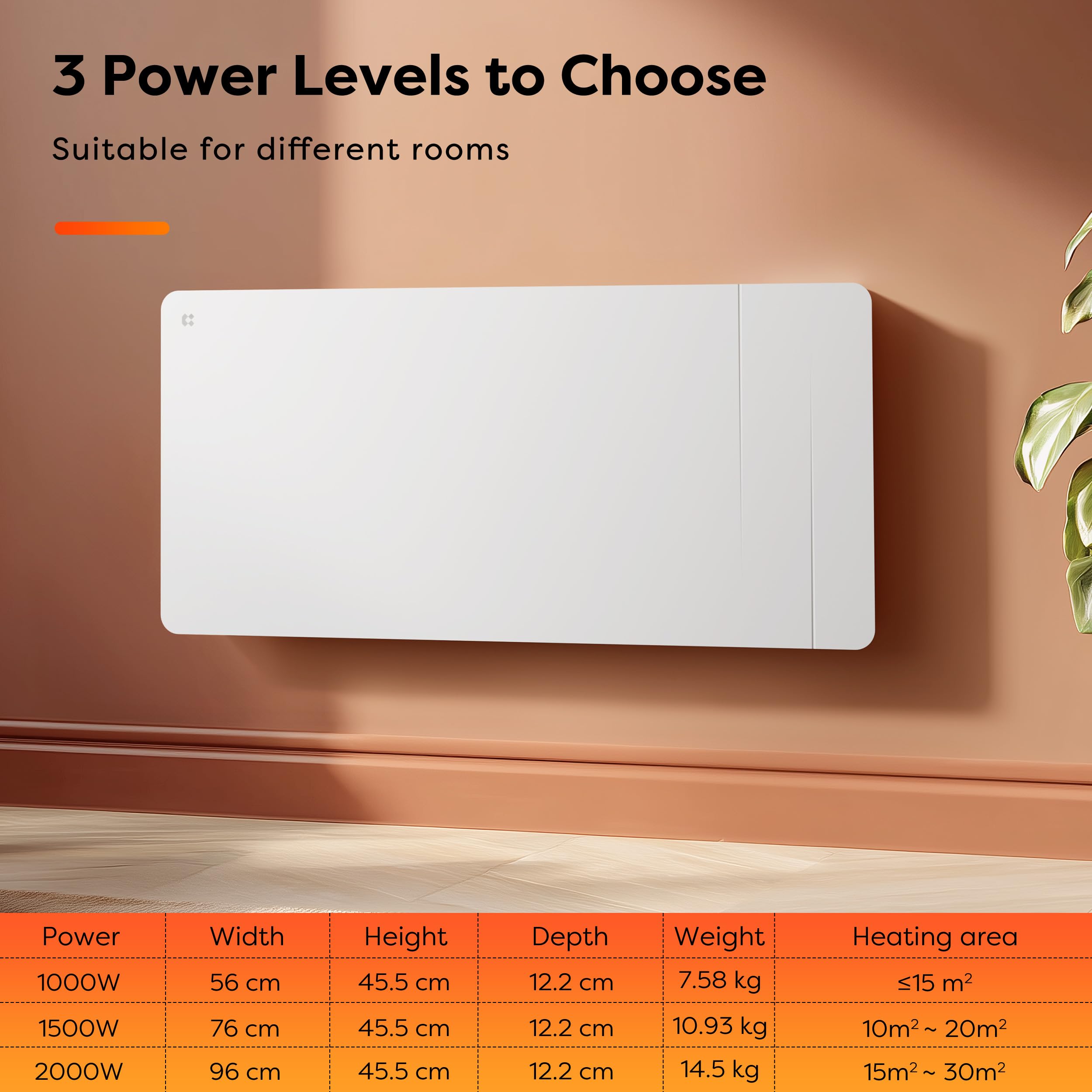 CIARRA Ceramiczny grzejnik bezwładnościowy 2000 W - folia grzewcza - ultraszybkie ogrzewanie do dużych przestrzeni - WiFi - CBHTD20A-W