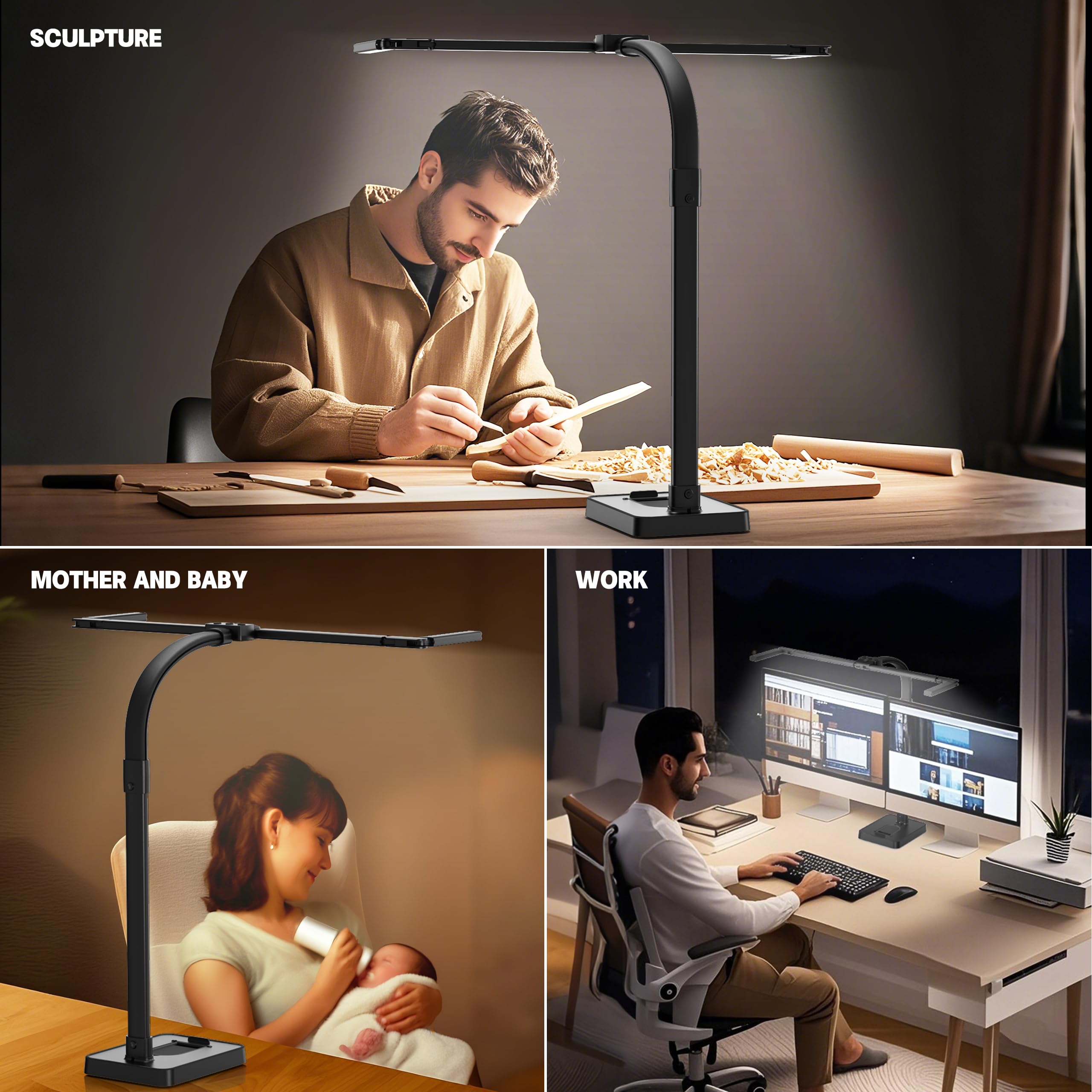 GAEFURY Schreibtischlampe LED Dimmbar, 24W 106CM Schreibtischlampe mit Einstellbare 4-Segment-Lichtleiste,1800LM Augenschutz Tageslichtlampe Schreibtisch mit Fernbedienung,Büro Tischlampe