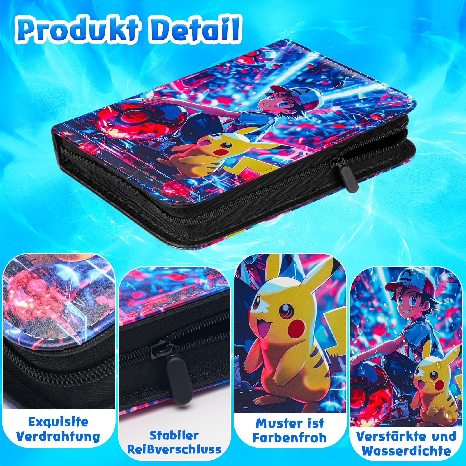 LYAILOOGXL Sammelalbum für Pokemon 400 Karten, Reißverschluss Sammelkarten Album Passt für 400 Karten mit 50 Abnehmbaren Hüllen,PU-Material mit wasserdichter Oberfläche - 5