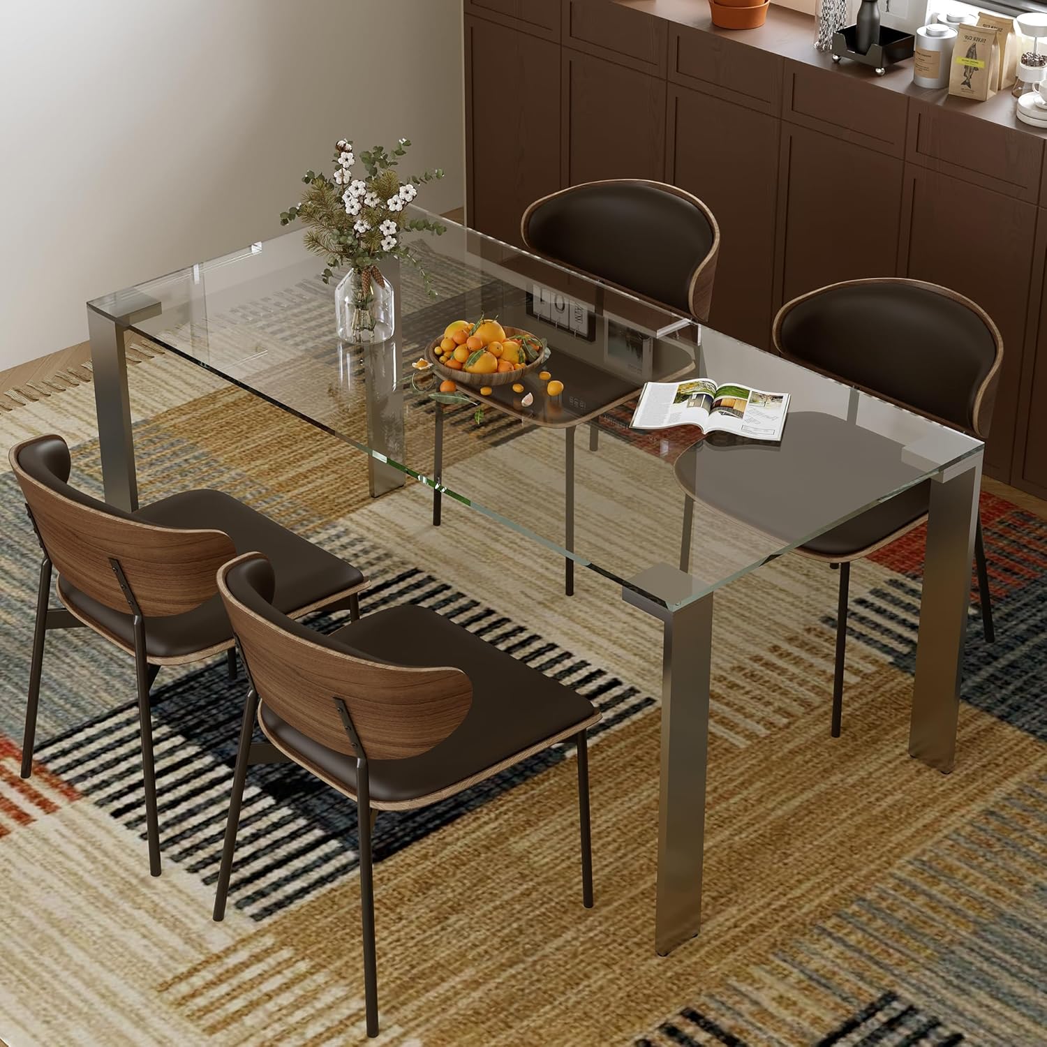 66.9" Modern Tempered Clear Glass Dining Table for 6–8 People, Rectangular Transparent Glass Top with Metal Legs, Minimalist Dining Room & Kitchen Table