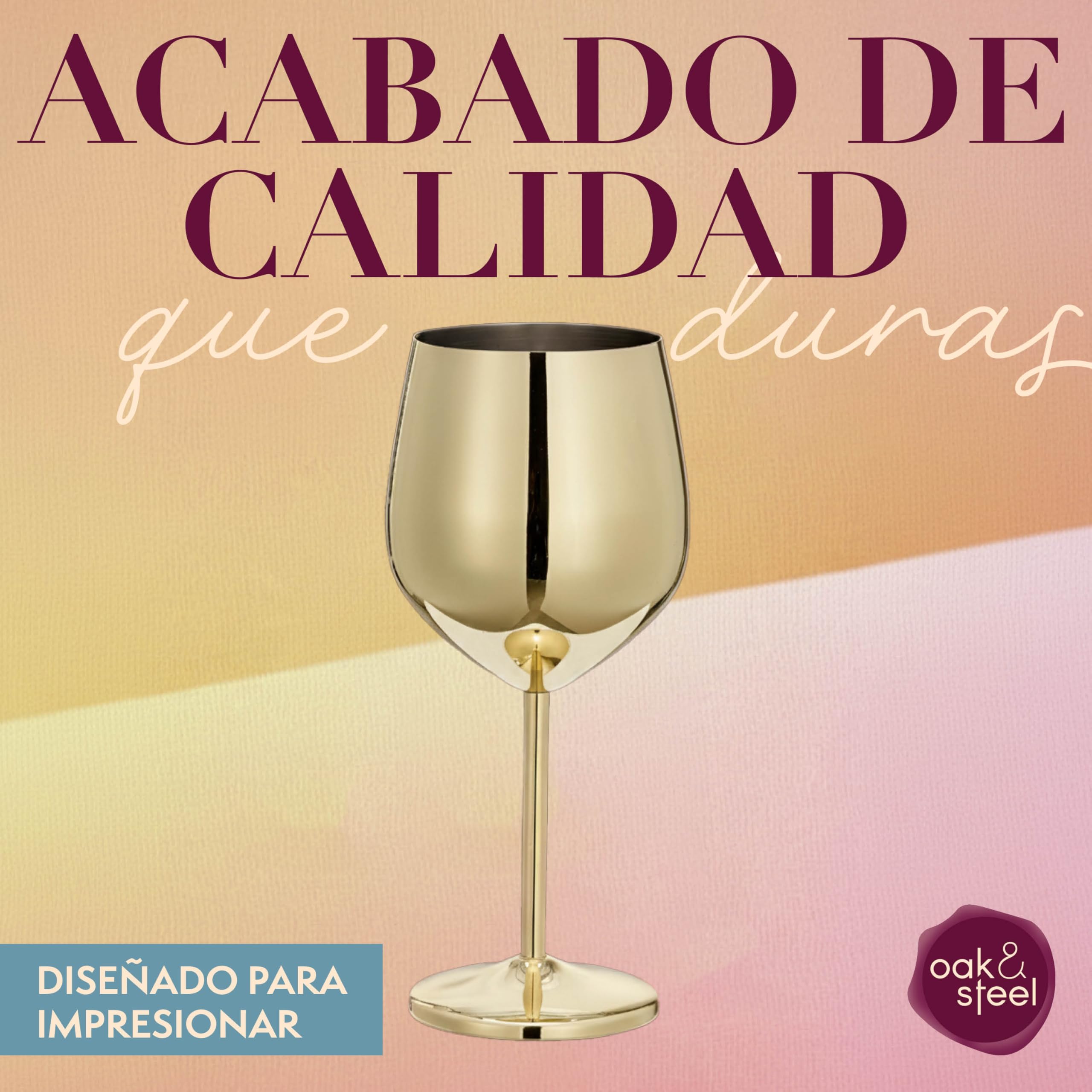 Oak & Steel - 2 Copas de Vino Doradas (520ml) - Copas de Vino de Acero Inoxidable, de Metal Irrompible, con Caja de Regalo
