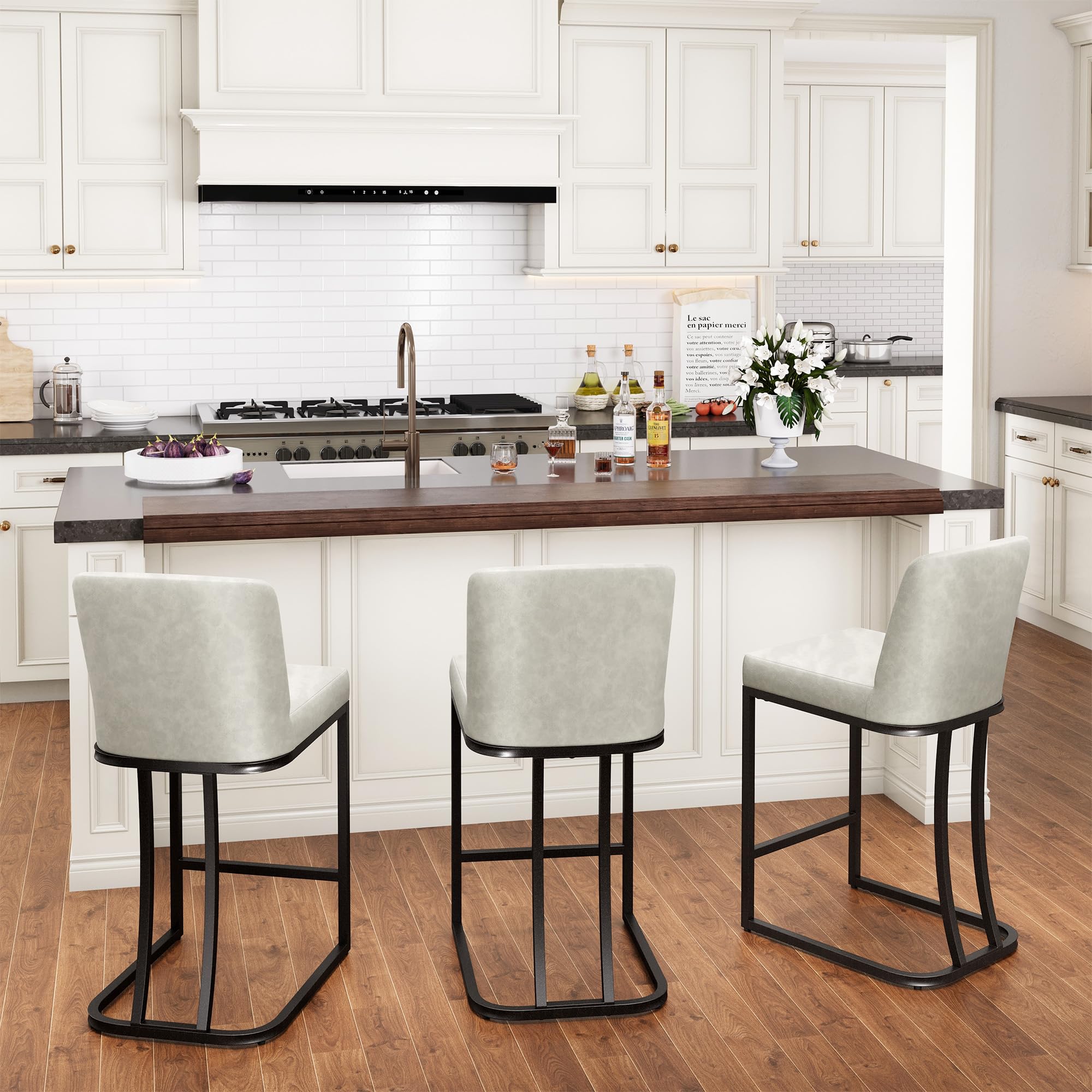 PHI VILLA Light Grey Bar Stools Set of 3, Faux Leather Counter Height Chairs, Kitchen Stools for Island, 24 Inch Barstools with Back