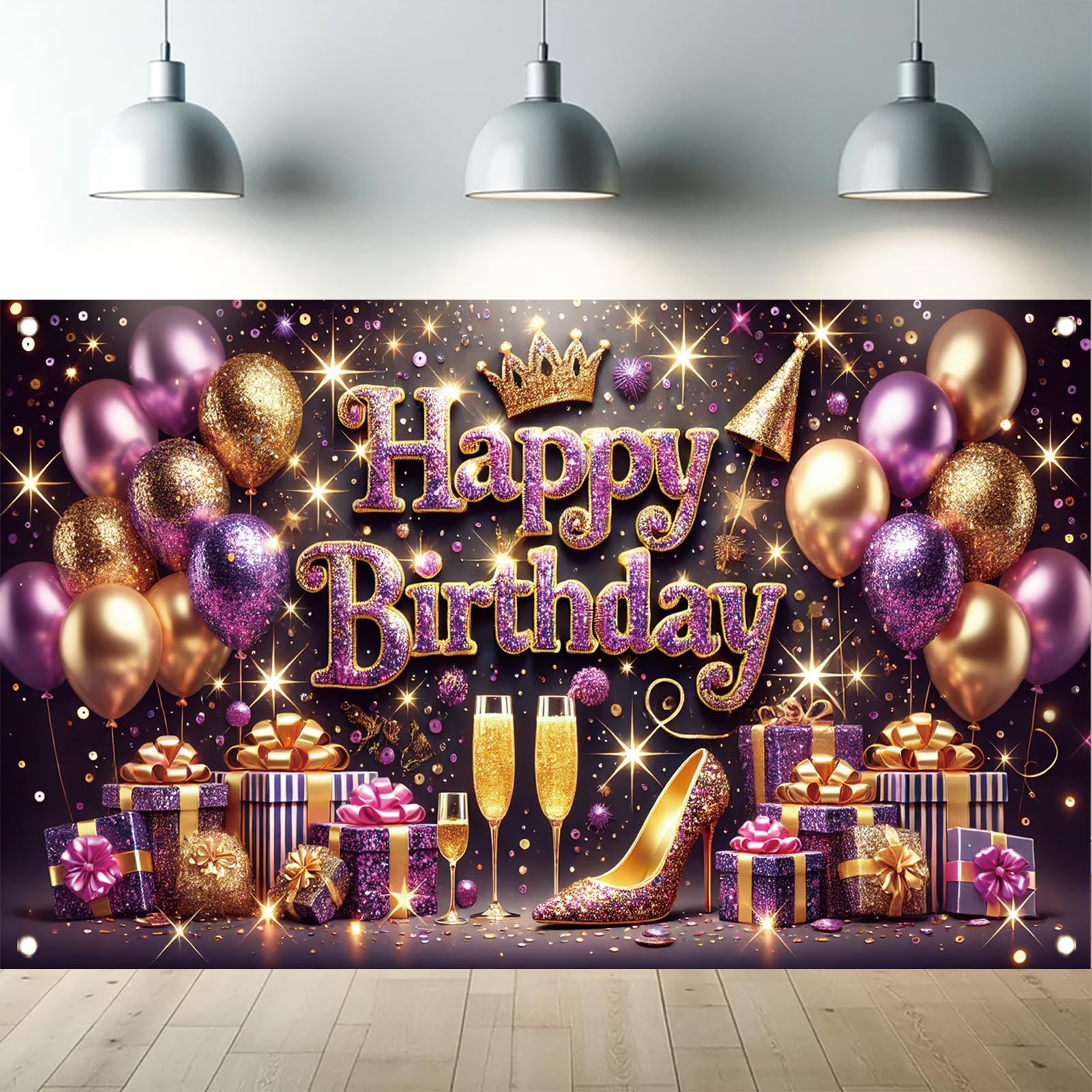 Starlit Patio Purple Happy Birthday Backdrop Banner Champagne Heels Birthday Party Party Decoration Women Girls Baby Shower Photography Background