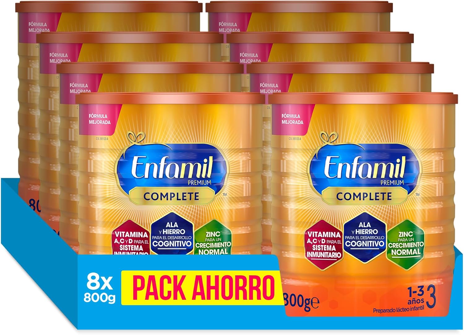 Enfamil Pack Ahorro, Enfamil Premium Complete 3, Preparado Lcteo Infantil de Crecimiento Para Lactantes Nios de 1 a 3 aos, 8x800 gr