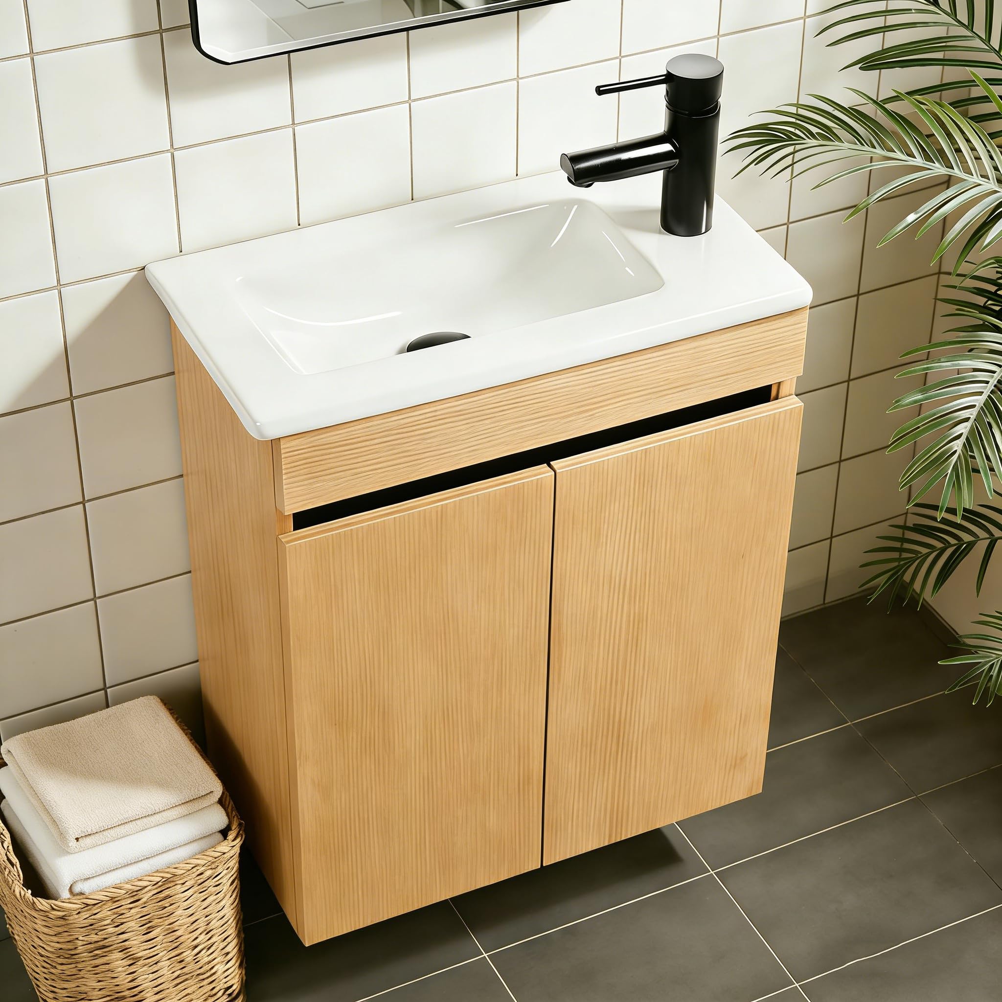 NUESTRA VIDA Mueble de Baño Pequeño Compact Suspendido 51×27×60 cm, Lavabo con Mueble bajo Lavabo en Roble/Blanco, Conjunto de Mueble de baño, para Invitados, Sin Grifo