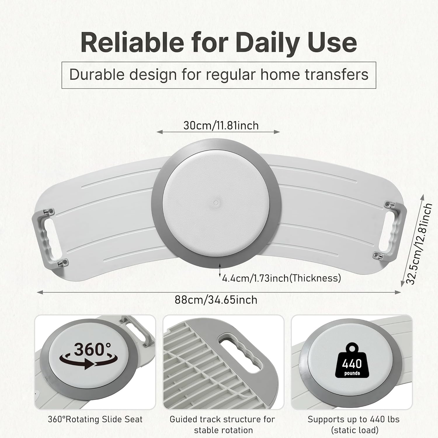 Rotating Transfer Board with Turntable & Dual Assisted Handles - FSA/HSA - Eligible Sliding Transfer Board for Wheelchair to Bed or Sofa, Non-Slip Home Care Mobility Aid for Seniors & Caregivers White