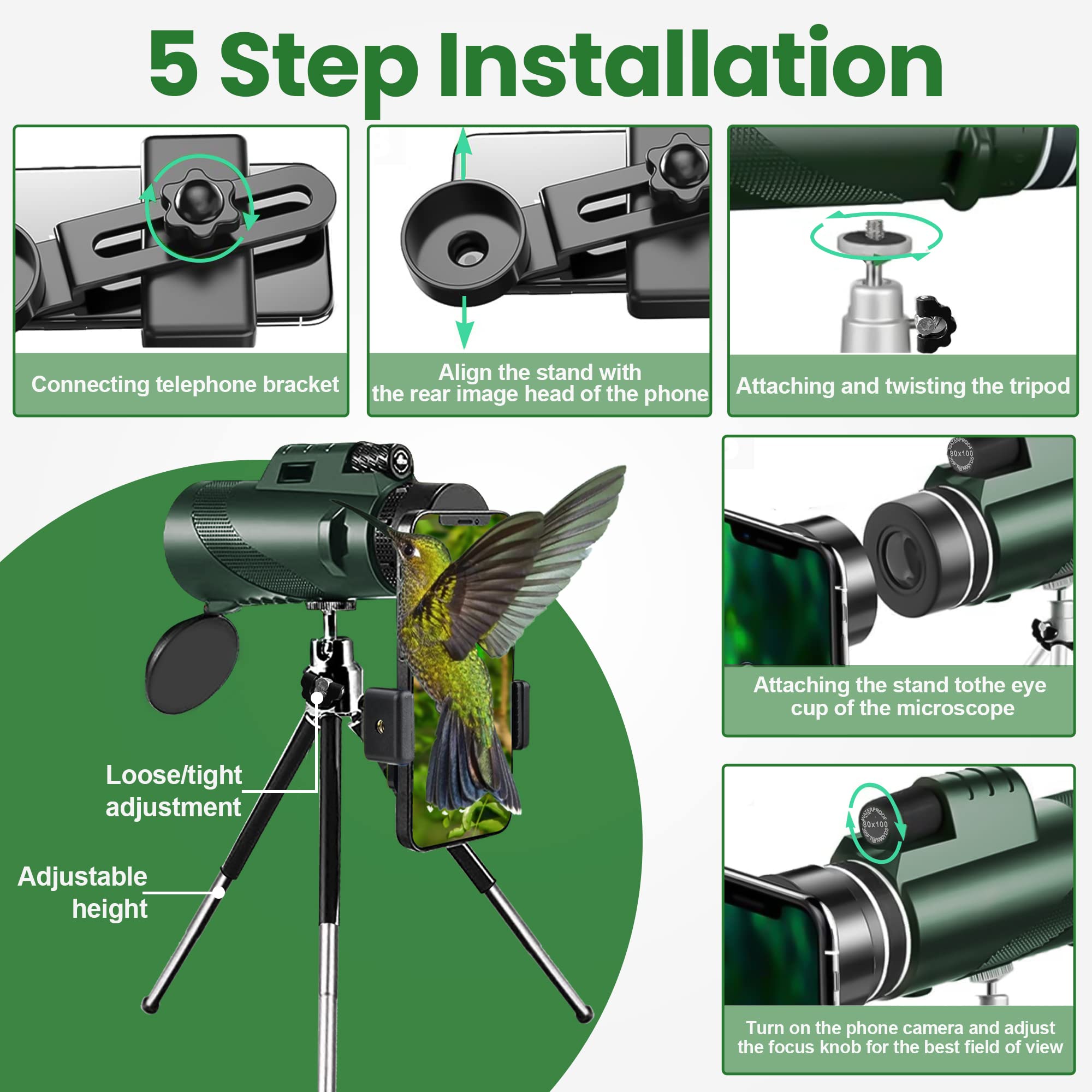 Télescope monoculaire 80 x 100 pour adultes, haute puissance, télescope monoculaire pour smartphone, monoculaire pour adultes, chasse, faune, observation des oiseaux, voyage, randonnée, camping - Vert