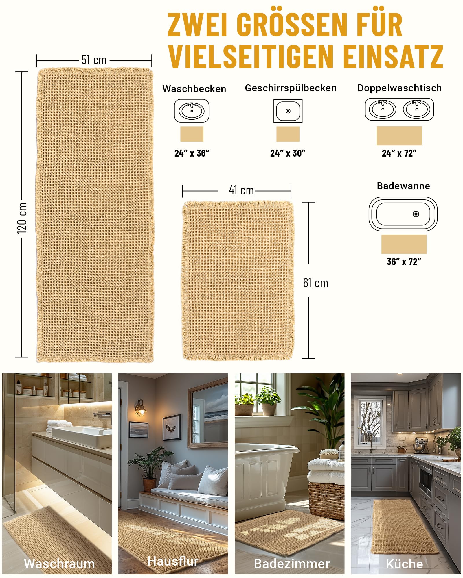 Großer Badteppich Set, Badezimmerteppich Set 2 Teilig, Rutschfeste Badematte, Boho Badezimmermatte, Waschbar Duschvorleger für Wohnzimmer Schlafzimmer Badezimmer, Bad Deko, 51 x 120 cm + 41 x 61 cm