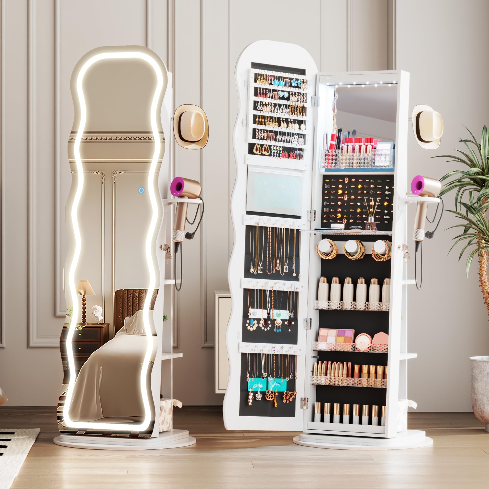 Vlsrka LED Mirror Jewelry Cabinet Standing 360 Swivel Jewelry Aromire Organizer with Wavy Mirror Lockable Jewelry Mirror with