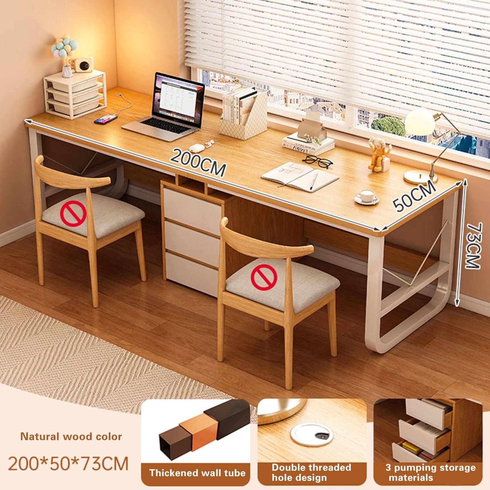 Escritorio para dos personas para oficina en casa con 3 cajones de almacenamiento, mesa de trabajo doble de madera ancha, escritorio largo para ordenador de juegos y para escribir light brown,200cm