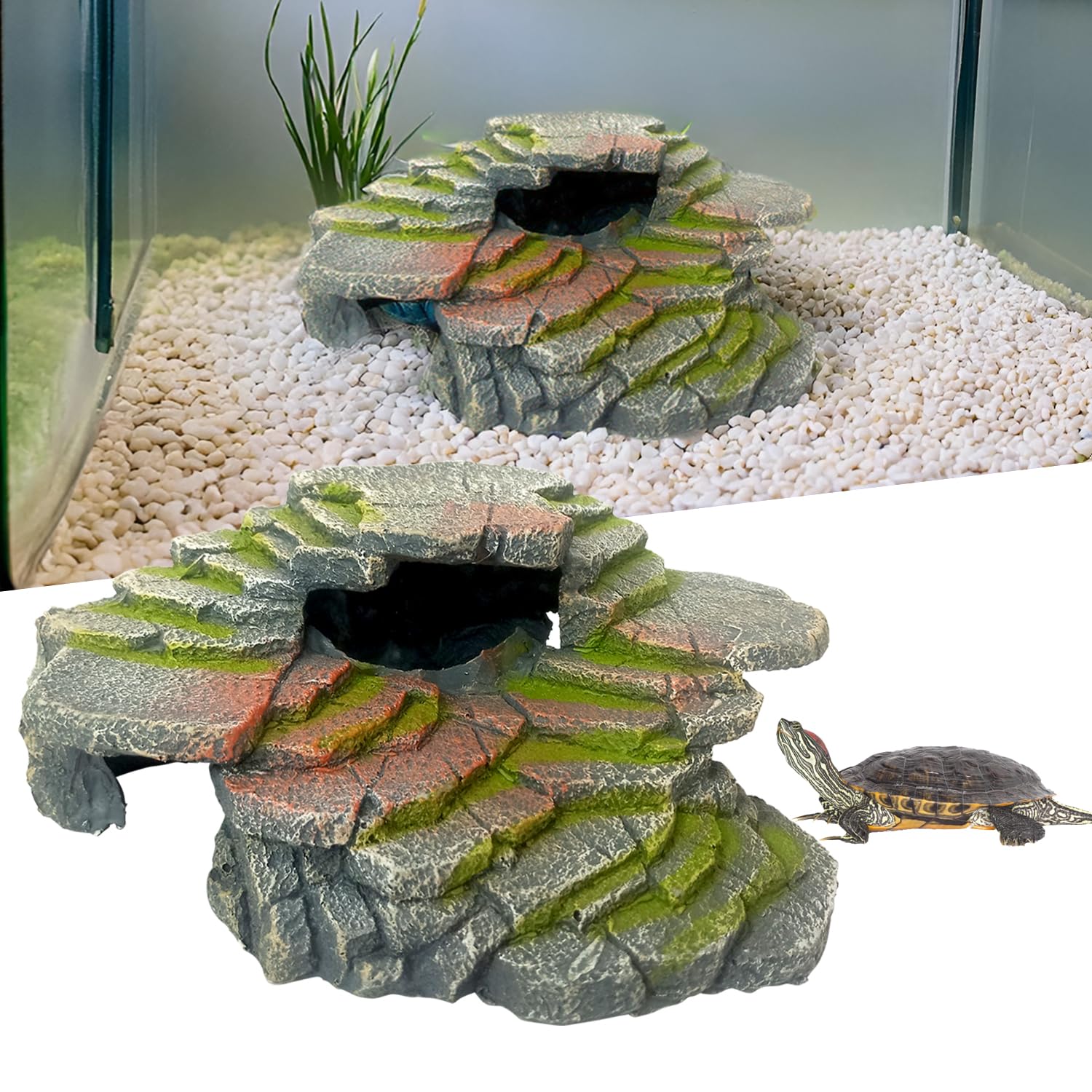 Turtle Basking Platform | Tortoise Dock Aquarium Ramp | Rock Resin Decorative Climbing Stone Ornament for Reptiles & Aquatic Tanks (22 x 9 x 12 cm)