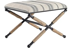 Linon Farrow Black Metal and Natural and Black Stripe Upholstered Campaign x Stool