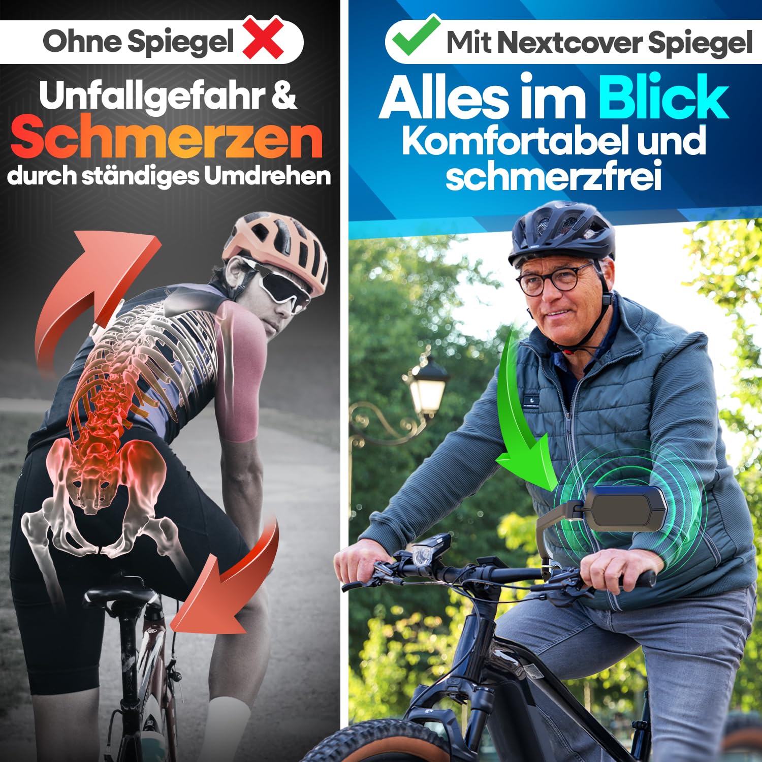 NEXTCOVER® Specchio da bicicletta per manubrio [sinistro] con vetro ProVision 2.0 antiriflesso, specchietto retrovisore fisso per bicicletta, specchietto retrovisore sinistro