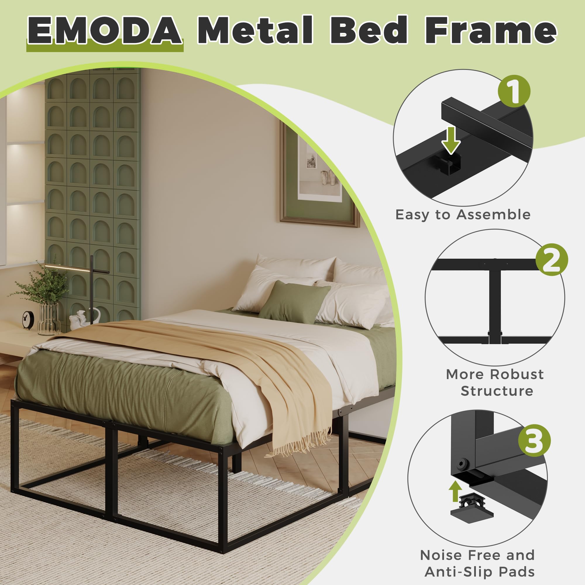 EMODA Struttura Letto Matrimoniale 140x200 cm, Letto a Piattaforma in Metallo 46 cm Alto e Resistente con Supporto Doghe in Acciaio, Ampio Spazio Sottolato, Silenzioso, Facile Montaggio, Nero