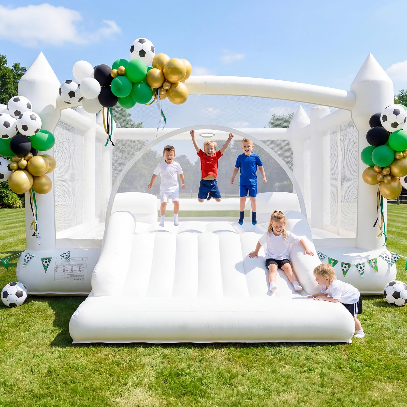 Photo 1 of *** STOCK PHOTO REFERENCE ONLY ***
Hapfan White Inflatable Bounce House for Big Kids, 15' x 12' Large Outdoor Bouncy Castle with Blower, Wider Slide & Basketball Hoop, Holds 6 Kids Great for Birthday or Party, 600 lbs