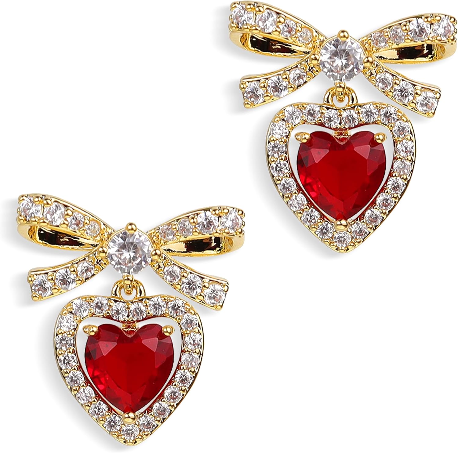 Sonateomber Bow Heart Dangle Drop Earrings for Women, Valentines Rhinestone Ribbon Crystal Birthstone Love Hearts Earing Dangling Holiday Prom Fashion Jewelry Gift.