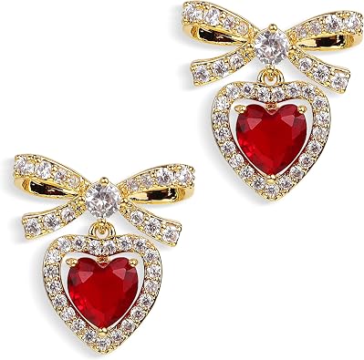 JeanBeau Bow Heart Dangle Drop Earrings for Women Valentines Rhinestone Ribbon Crystal CZ Love Hearts Earing Dangling Holiday Prom Fashion Jewelry Gift