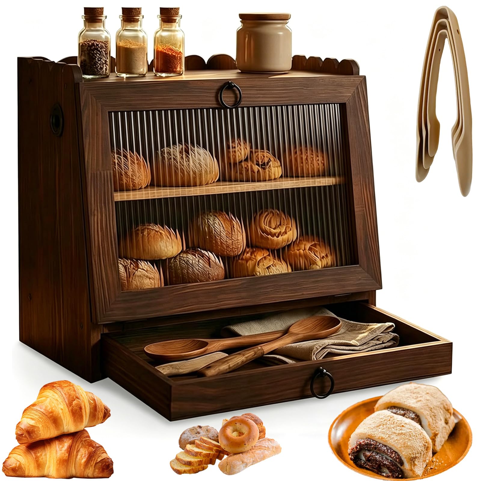 Doppeldecker Brotkasten aus Holz mit Belüftung & Sichtfenster, Küche Brotaufbewahrung Brotbehälter 2 Etagen, Platzsparend & Stilvoll für die Tägliche Brotaufbewahrung