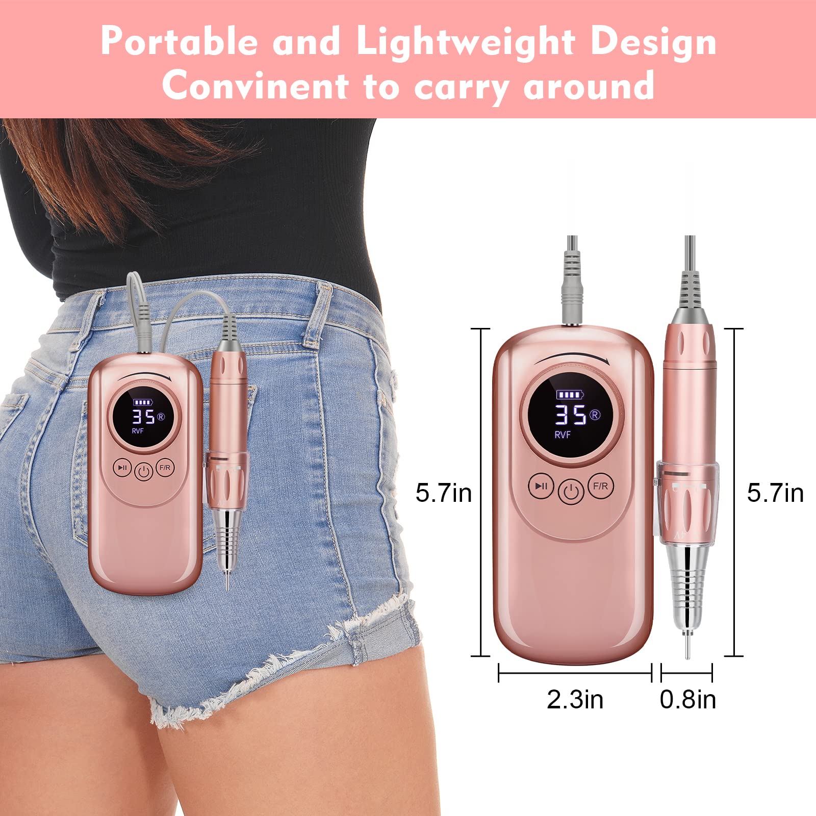 Taladro de uñas recargable de 35000 rpm, kit de lima de uñas eléctrico profesional inalámbrico portátil con 11 brocas de uñas para acrílico, uñas de gel, manicura pedicura, forma de pulido