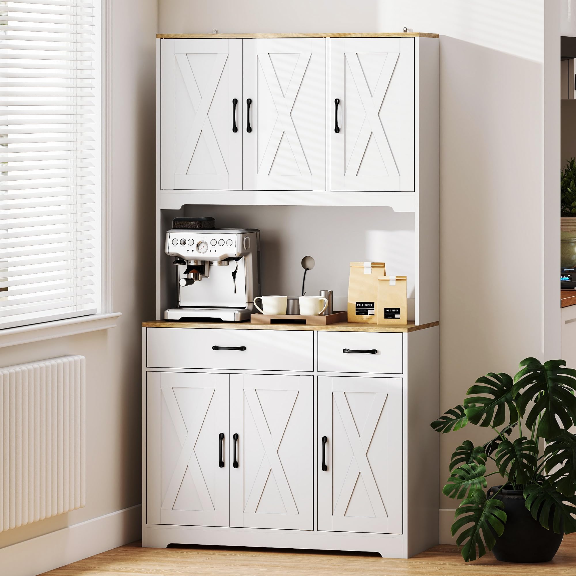HOMCOM Alacena de Cocina Alta, Mueble Auxiliar de Cocina, con 6 Puertas, Encimera Abierta para Microondas, 2 Cajones, Estantes Ajustables, Orificio para Cable, 94x39,5x175,2 cm, Blanco