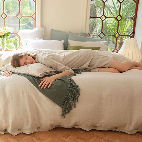 Miniatura 7 de Simple&Opulence - Juego de funda de edredón 100 % lino, 3 piezas con cierre de botón de coco, de lino francés lavado, color liso, suave,