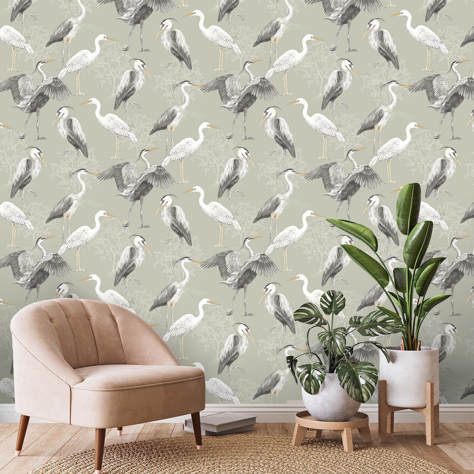 Elegant Homes Heron Birds Wallpaper Sage Green White Natural The Design Library 5901638010780