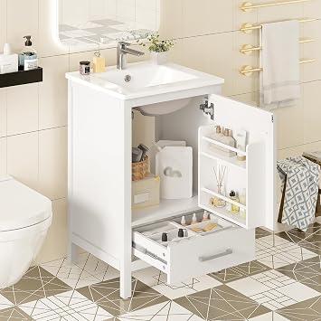 20" Modern Bathroom Vanity with Ceramic Sink, Free Standing Small Sink Vanity with Soft-Close Drawer & Door, Double-Layer Door Organizer, Divider Drawer, Adjustable Foot Pads White