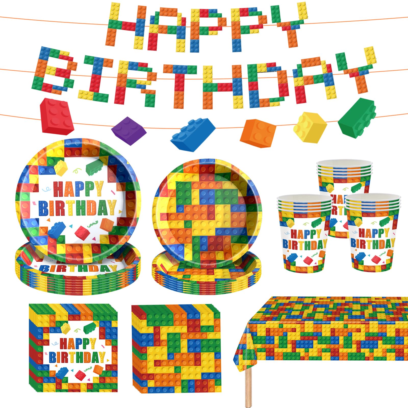 Building Block Birthday Party Supplies Colorful Building Block Party Decorations Includes Paper Plates Napkins Cups Banner Tablecloth for Boys Kid’s Birthday Party Decorations, Serve 24