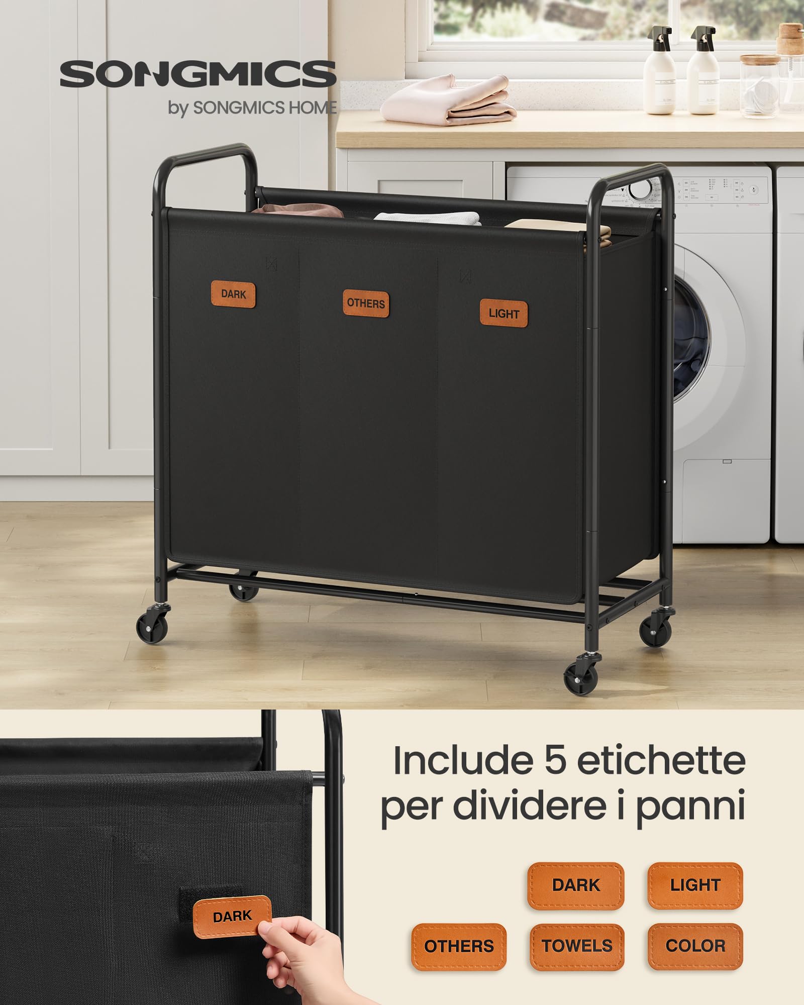 SONGMICS Carrello Portabiancheria, a 3 Scomparti, 170 L, con 5 Etichette | Cesto Porta Biancheria, per Lavanderia, Camera da Letto, Bagno, Nero Inchiostro, Collezione STEVIE RLS330B01