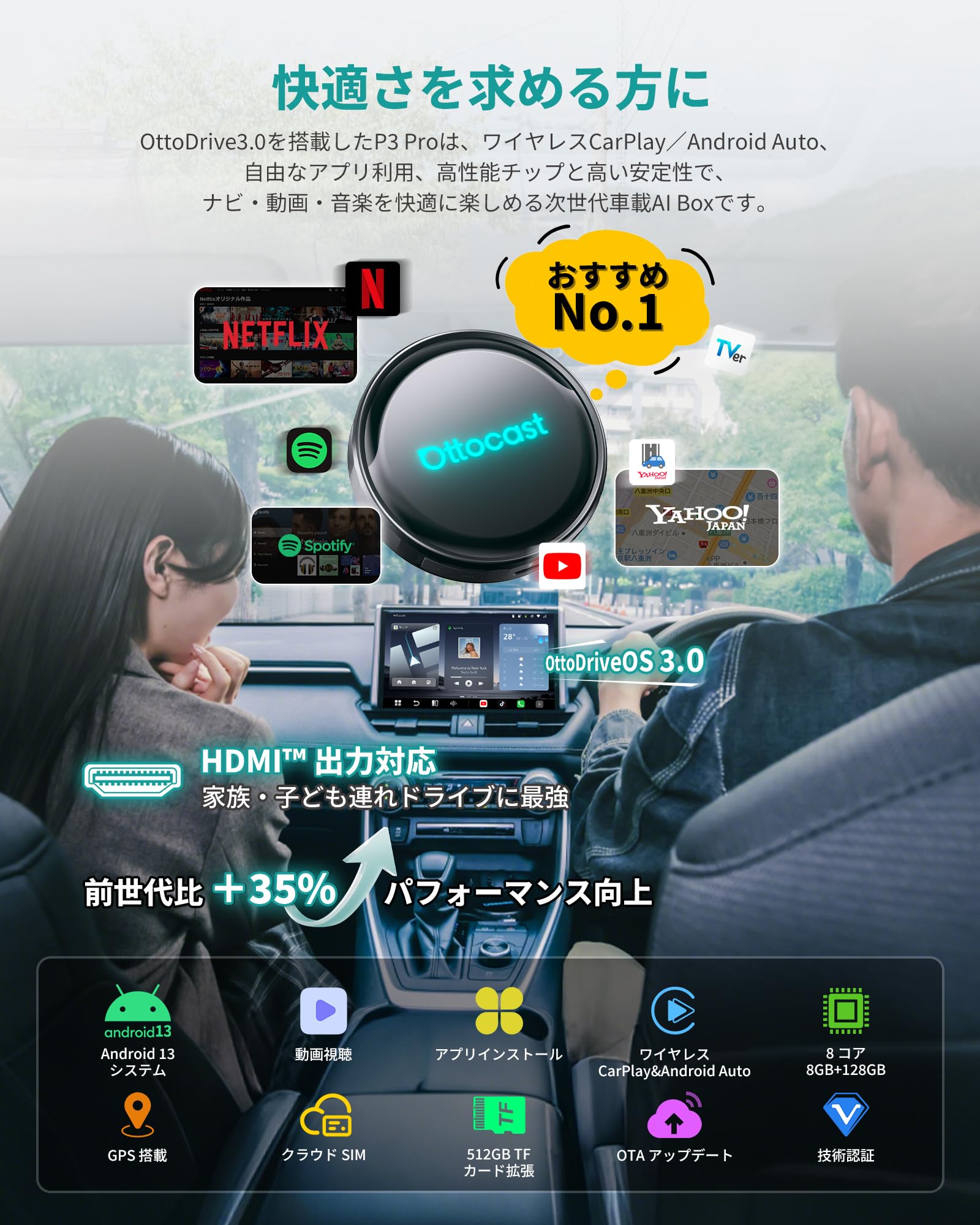 【公式】オットキャスト Ottocast P3 Pro 新型 OttoAiBox P3 Pro ワイヤレス CarPlay・Android Auto 対応 AI Box HDMI出力 前席ナビ＋後席YouTube・Netflix視聴 8GB+128GB Android13 GPS内蔵 2画面同時表示 Google Play対応 アプリ自由にインストール可 SIM対応 車中泊 技適取得済 - 5