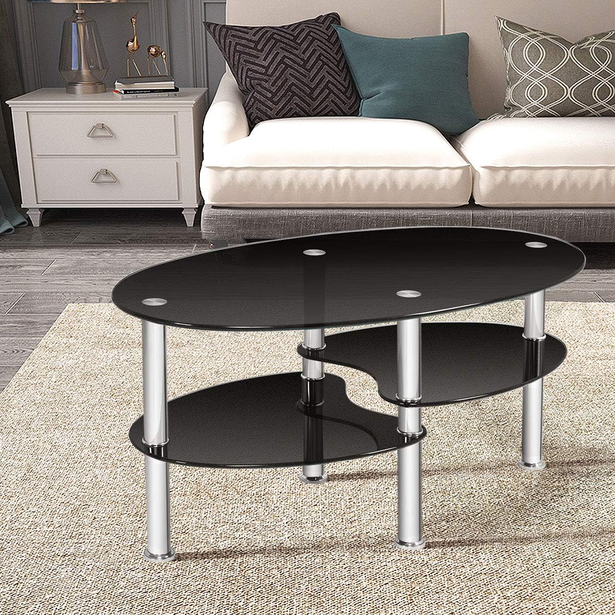 Glass Coffee Table End Table 2 Tire for Home &Office with Sturdy Chrome Plated Legs Tea Table (Black)