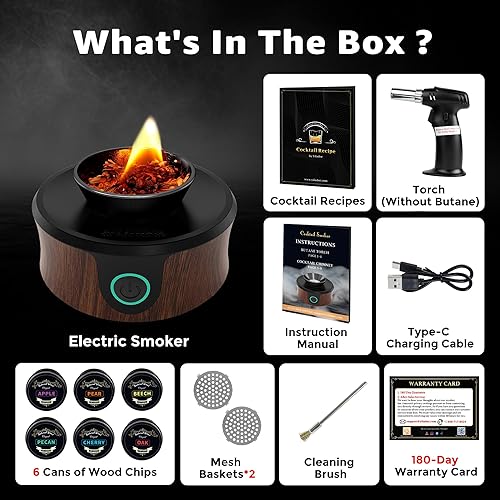 Miniatura 7 de Kit eléctrico para ahumar whisky y cóctel con antorcha  Ventilador integrado, 6 chips de madera, antiguo y ahumador de bebidas de whisky, regalo