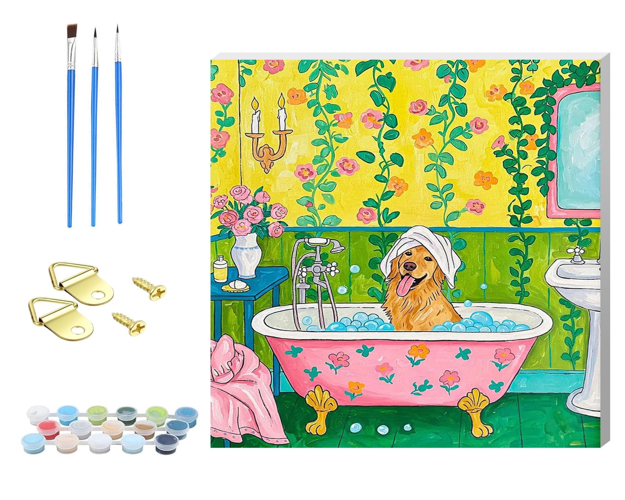 Zhosoho Puppy In The Bathtub Adults Paint By Number Kits,Framed Painting By Numbers Kits On Canvas,Color By Numbers Adult Acrylic Watercolor Gifts For Friends Wall Decor (Puppy In The Bathtub)
