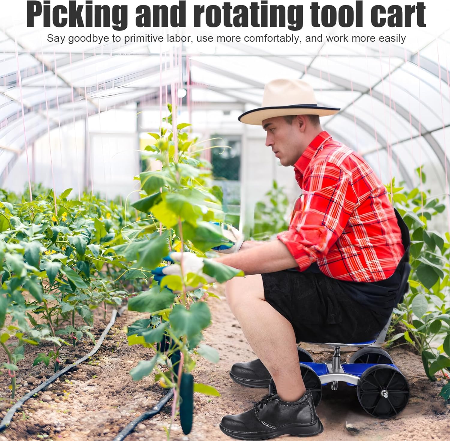 Rolling Garden Work Seat with Wheels, Garden Stool with Flat Wheels, Gardening Stool for Planting, 360 Degree Swivel Seat, Gardens Scooter with Tool Tray, Patio Chair for Outdoor, Patio and Yard, Blue