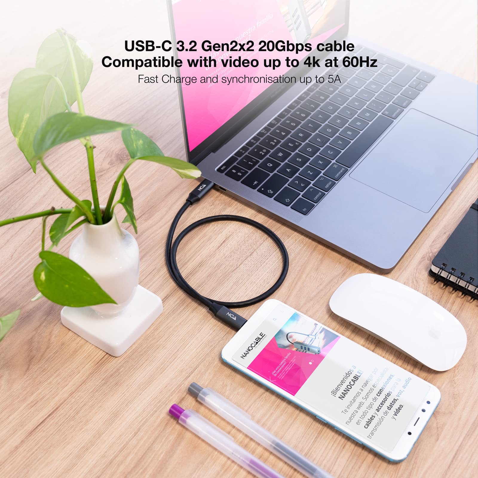 Cavo Nanocable USB 3.2 Gen2x2 20Gbps – USB-C A USB-C 2m, Nero, Ricarica 100W E Video 4K A 60Hz Con Chip E-mark